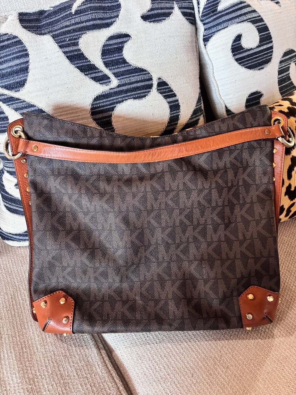 MICHAEL Michael Kors Brown Monogram Signature Shoulder Bag with Tan Trim